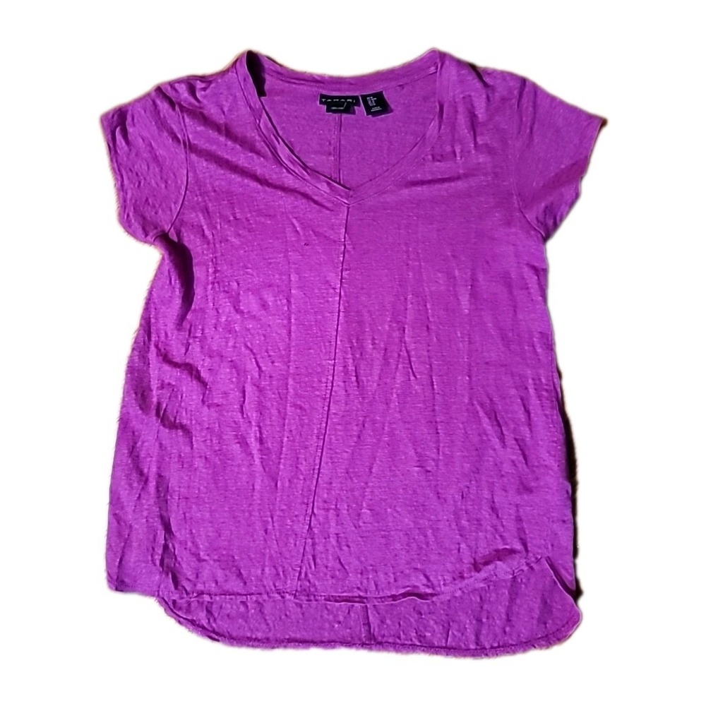 Women's Tahari 100% Linen Sz Med Purple Short Sleeve Shirt Preppy Fuchsia Beach